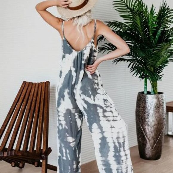 Plus Size Boho , Women's Plus Tie Dye V Neck Medium Stretch Jumpsuit - Picture 8 of 10